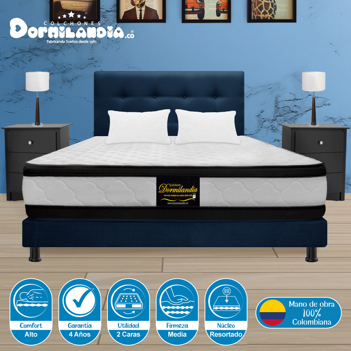 Combo Colchón Atenas Blanco y Azul King 200 X 200 Cm Firmeza Medio Doble Faz Con Cabecero y Base Cama - COLCHONES | Bylmo