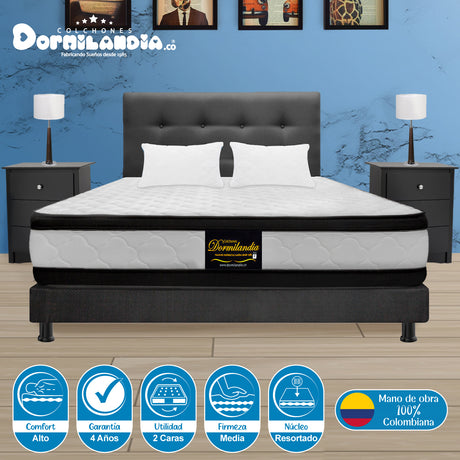 Combo Colchón Atenas Blanco y Gris King 200 X 200 Cm Firmeza Medio Doble Faz Con Cabecero y Base Cama - COLCHONES | Bylmo