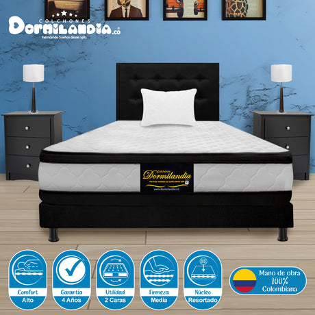 Combo Colchón Atenas Blanco y Negro Sencillo 100 X 190 Cm Firmeza Medio Doble Faz Con Cabecero y Base Cama - COLCHONES | Bylmo
