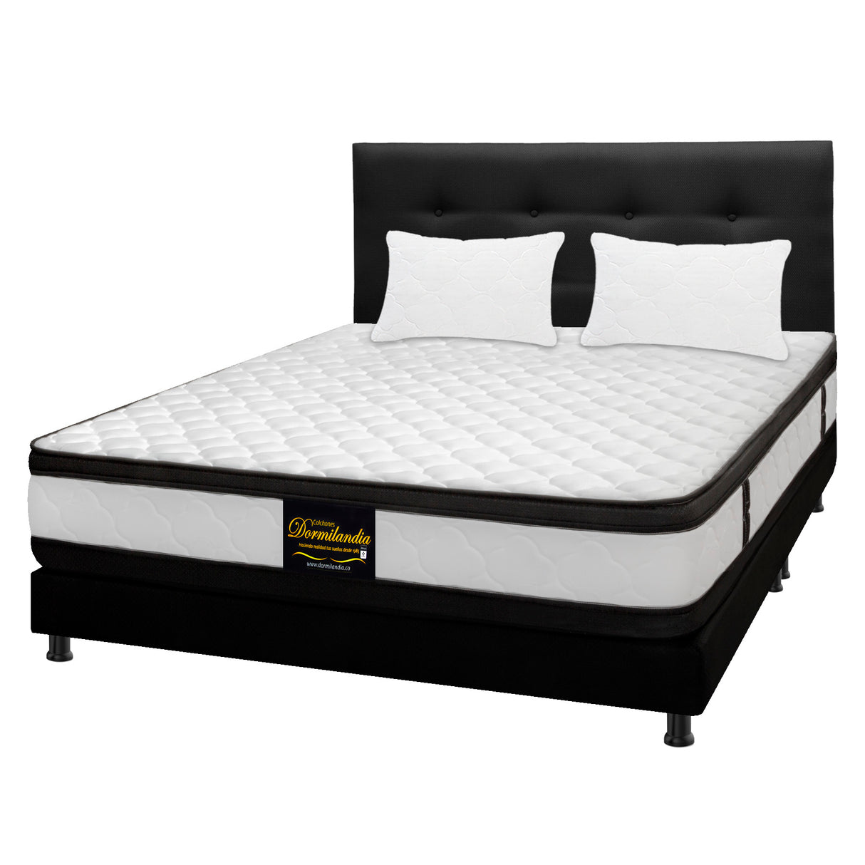 Combo Colchón Atenas Blanco y Negro Queen 160 X 190 Cm Firmeza Medio Doble Faz Con Cabecero y Base Cama - COLCHONES | Bylmo