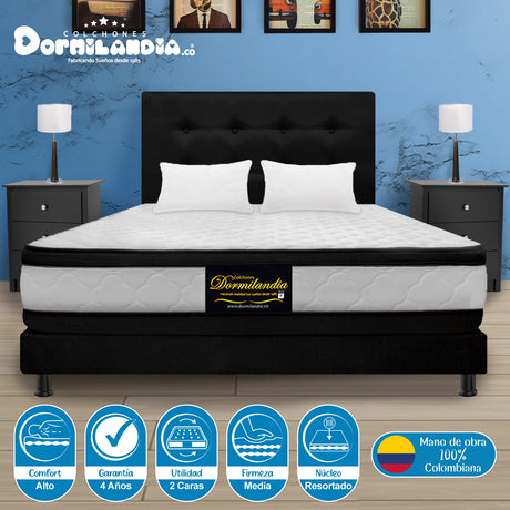 Combo Colchón Atenas Blanco y Negro Queen 160 X 190 Cm Firmeza Medio Doble Faz Con Cabecero y Base Cama - COLCHONES | Bylmo