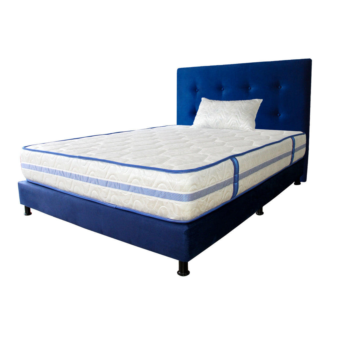 Combo Colchón Caribe Blanco y Azul Sencillo 100 X 190 Cm Firmeza Suave Doble Faz Con Cabecero y Base Cama - COLCHONES | Bylmo