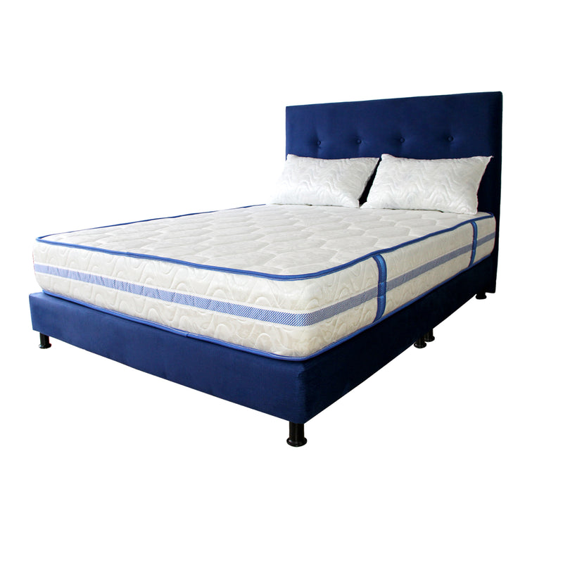 Combo Colchón Caribe Blanco Y Azul Queen 160 X 190 Cm Firmeza Suave Doble Faz Con Cabecero Y Base Cama