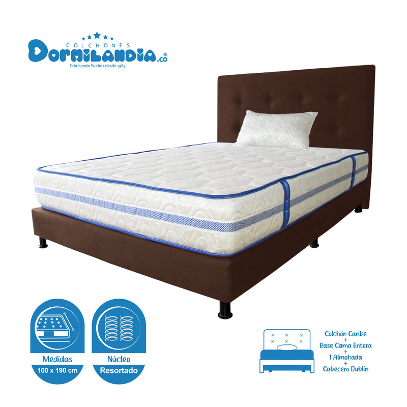 Combo Colchón Caribe Blanco Y Cafe Sencillo 100 X 190 Cm Firmeza Suave Doble Faz Con Cabecero Y Base Cama