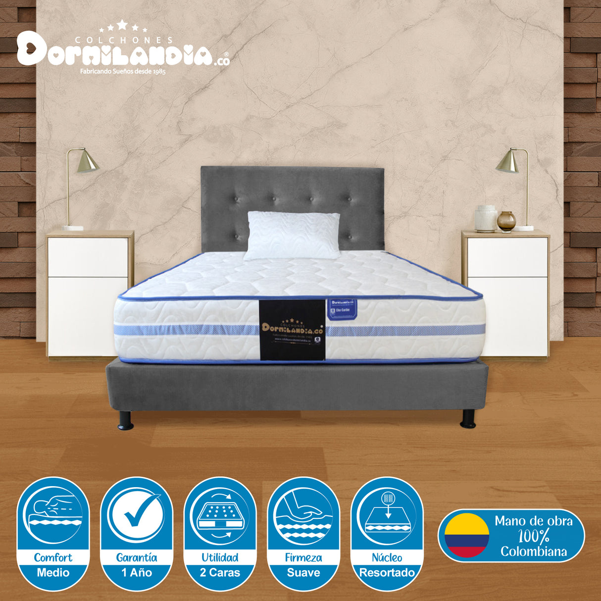 Combo Colchón Caribe Blanco y Gris Sencillo 100 X 190 Cm Firmeza Suave Doble Faz Con Cabecero y Base Cama - COLCHONES | Bylmo