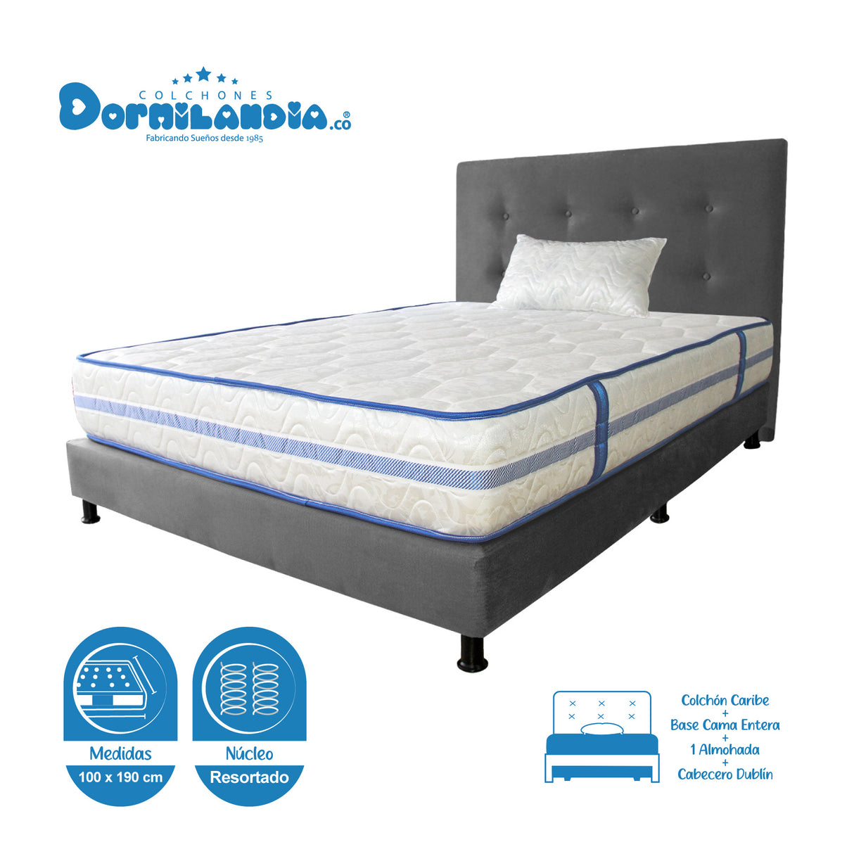 Combo Colchón Caribe Blanco y Gris Sencillo 100 X 190 Cm Firmeza Suave Doble Faz Con Cabecero y Base Cama - COLCHONES | Bylmo