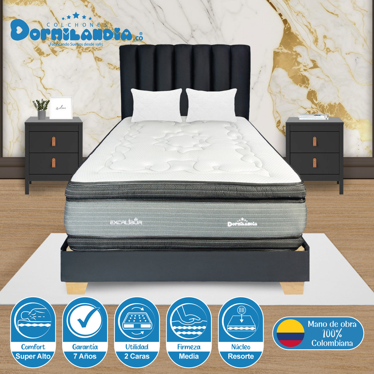 Combo Colchón Excalibur Gris y Arena Semidoble 120 X 190 Cm Firmeza Medio Doble Faz Con Cabecero y Base Cama - COLCHONES | Bylmo