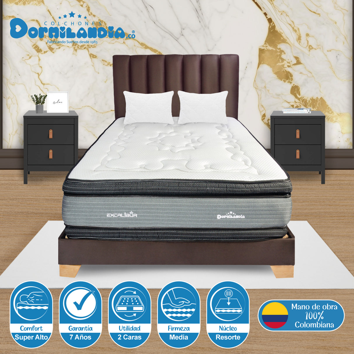 Combo Colchón Excalibur Gris y Azul King 200 X 200 Cm Firmeza Medio Doble Faz Con Cabecero y Base Cama - COLCHONES | Bylmo