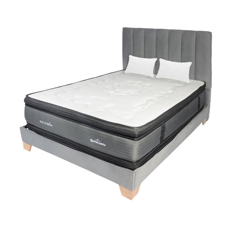Combo Colchón Excalibur Gris y Cafe Semidoble 120 X 190 Cm Firmeza Medio Doble Faz Con Cabecero y Base Cama - COLCHONES | Bylmo