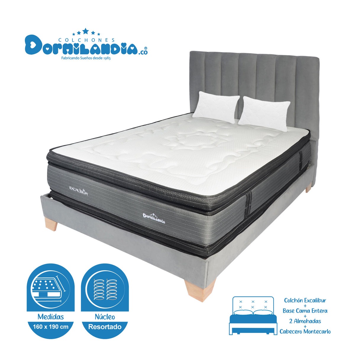 Combo Colchón Excalibur Gris y Cafe Queen 160 X 190 Cm Firmeza Medio Doble Faz Con Cabecero y Base Cama - COLCHONES | Bylmo