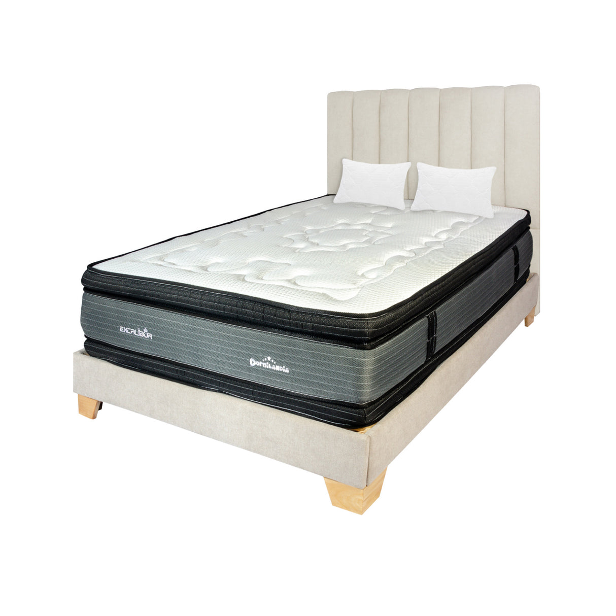 Combo Colchón Excalibur Gris Doble 140 X 190 Cm Firmeza Medio Doble Faz Con Cabecero y Base Cama - COLCHONES | Bylmo