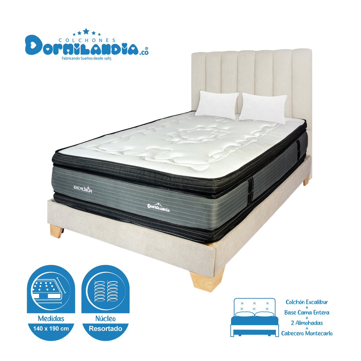 Combo Colchón Excalibur Gris Doble 140 X 190 Cm Firmeza Medio Doble Faz Con Cabecero y Base Cama - COLCHONES | Bylmo