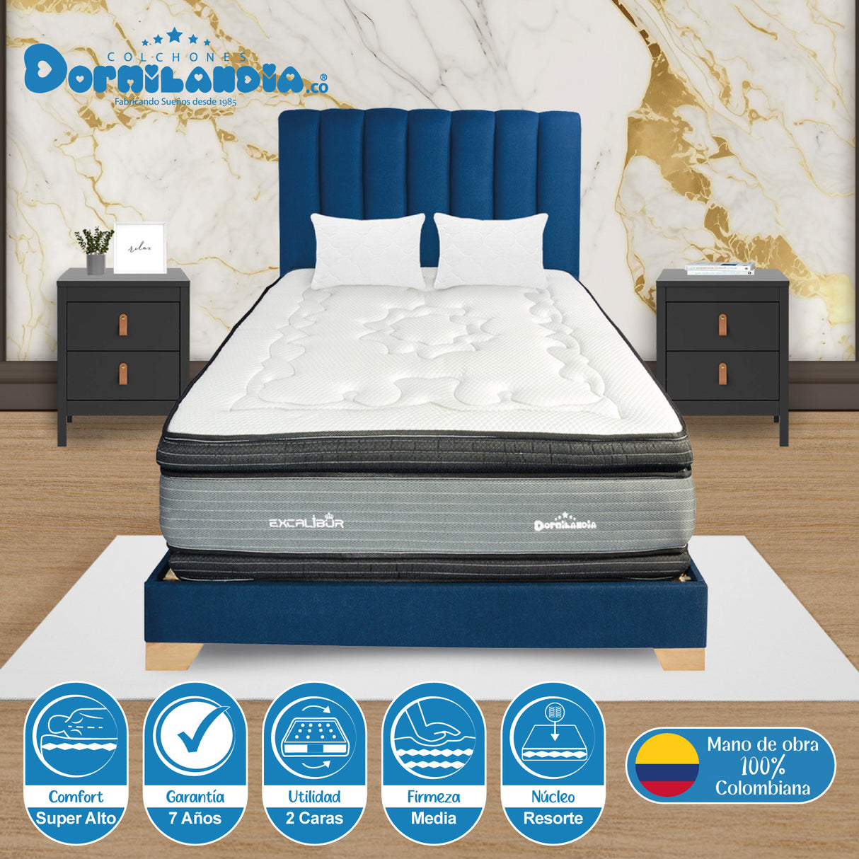 Combo Colchón Excalibur Gris y Negro Semidoble 120 X 190 Cm Firmeza Medio Doble Faz Con Cabecero y Base Cama - COLCHONES | Bylmo