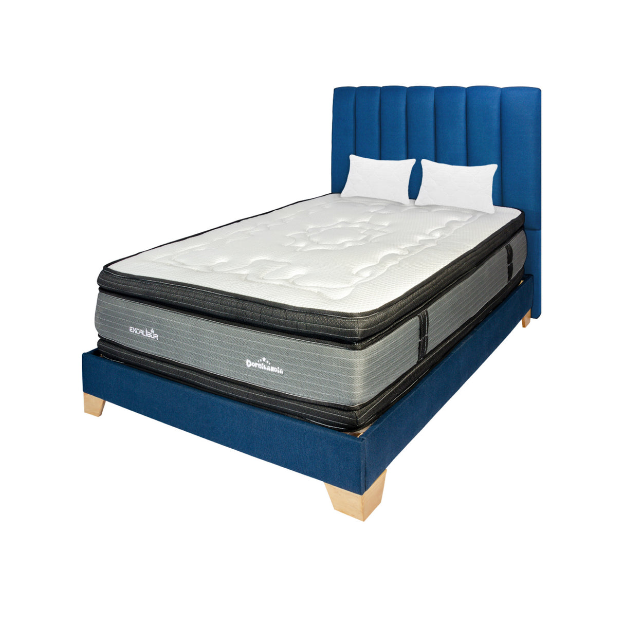 Combo Colchón Excalibur Gris y Negro Doble 140 X 190 Cm Firmeza Medio Doble Faz Con Cabecero y Base Cama - COLCHONES | Bylmo