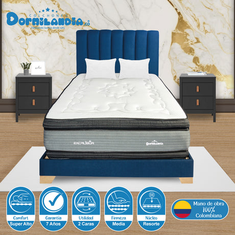 Combo Colchón Excalibur Gris y Negro Doble 140 X 190 Cm Firmeza Medio Doble Faz Con Cabecero y Base Cama - COLCHONES | Bylmo
