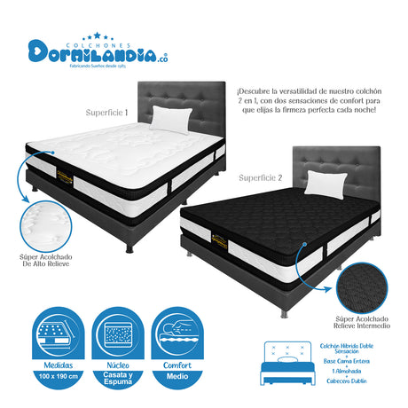 Combo Colchón Casata Blanco y Gris Sencillo 100 X 190 Cm Firmeza Medio Firme Doble Faz Con Cabecero y Base Cama - COLCHONES | Bylmo