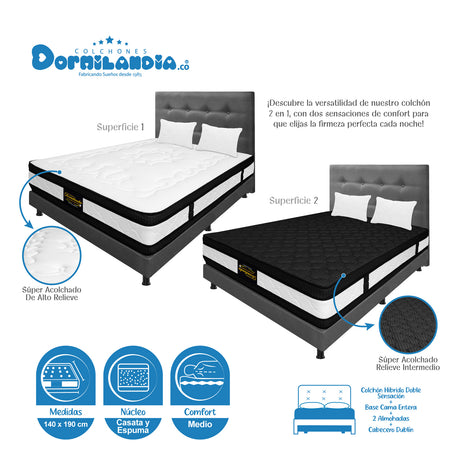 Combo Colchón Casata Blanco y Gris Doble 140 X 190 Cm Firmeza Medio Firme Doble Faz Con Cabecero y Base Cama - COLCHONES | Bylmo