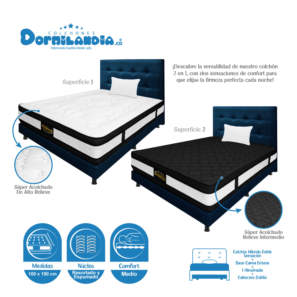 Combo Colchón Blanco y Azul Sencillo 100 X 190 Cm Firmeza Medio Suave Doble Faz Con Cabecero y Base Cama - COLCHONES | Bylmo