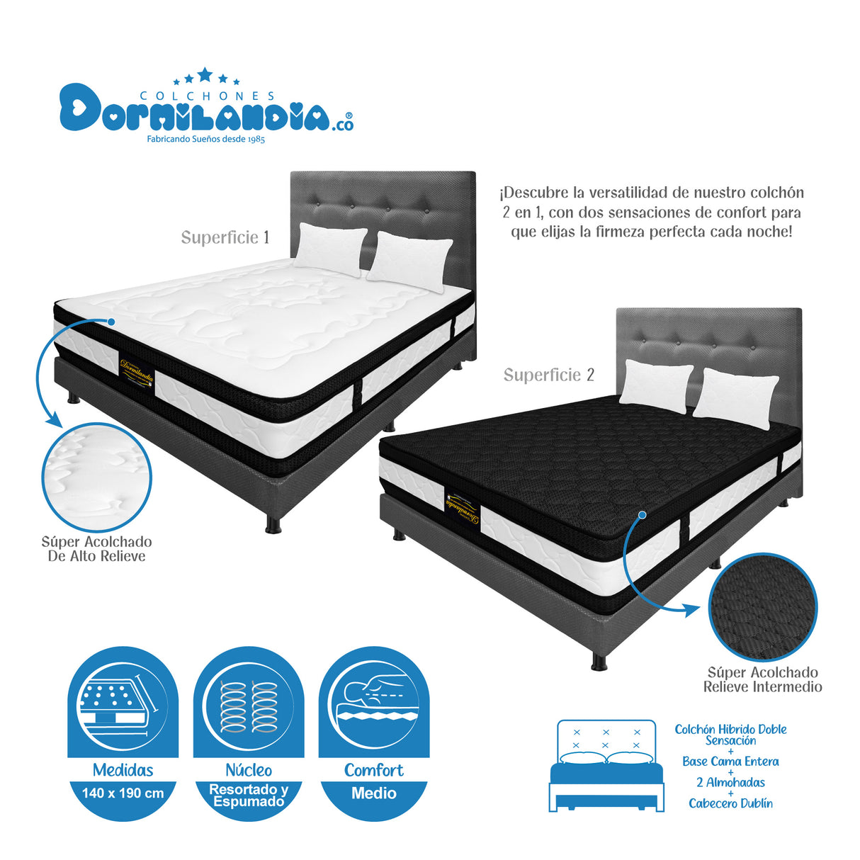 Combo Colchón Blanco y Gris Doble 140 X 190 Cm Firmeza Medio Suave Doble Faz Con Cabecero y Base Cama - COLCHONES | Bylmo