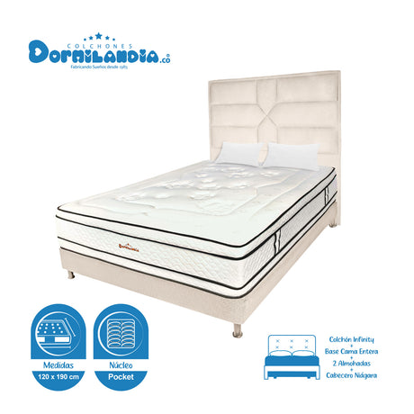 Combo Colchón Infinity Blanco y Arena Semidoble 120 X 190 Cm Firmeza Medio Firme Doble Faz Con Cabecero y Base Cama - COLCHONES | Bylmo