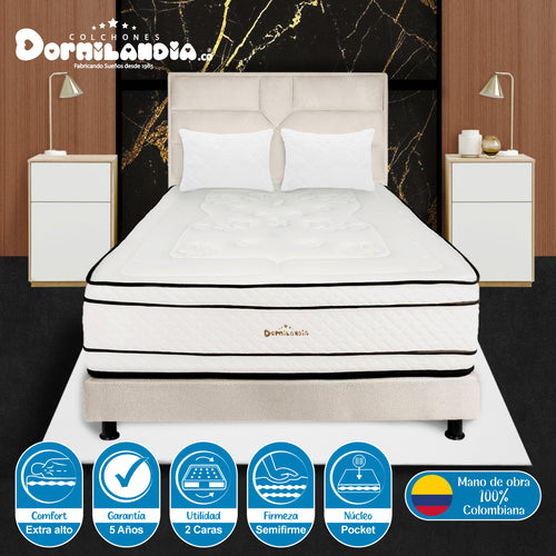 Combo Colchón Infinity Blanco Y Arena Doble 140 X 190 Cm Firmeza Medio Firme Doble Faz Con Cabecero Y Base Cama