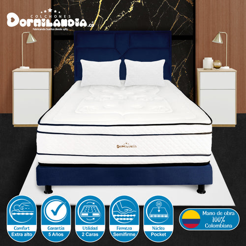 Combo Colchón Infinity Blanco Y Azul Doble 140 X 190 Cm Firmeza Medio Firme Doble Faz Con Cabecero Y Base Cama