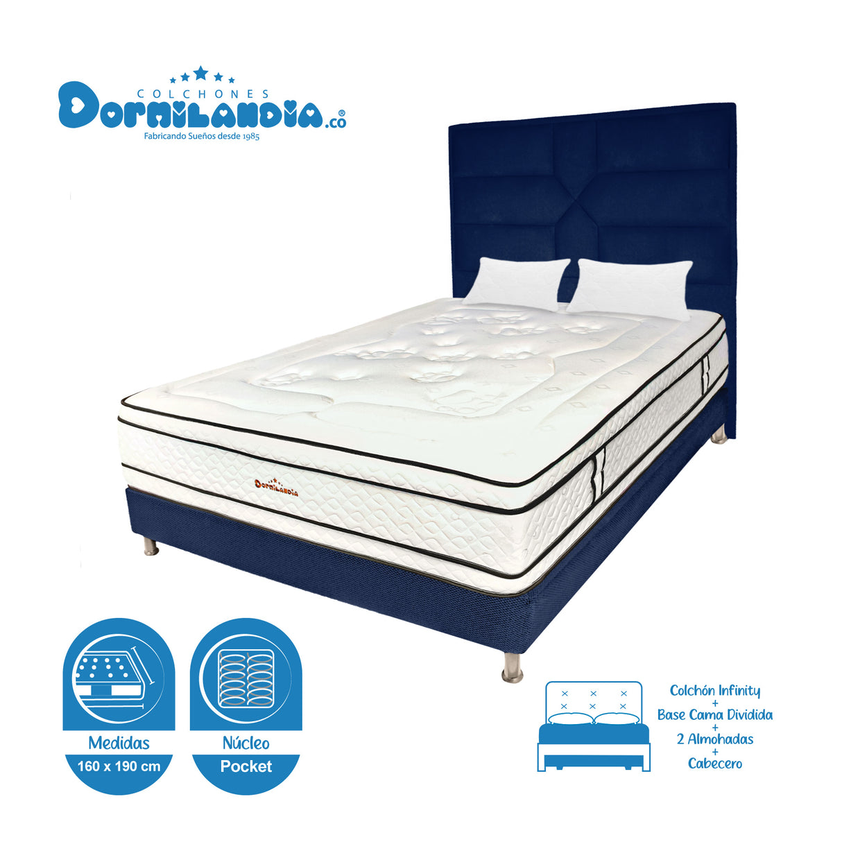 Combo Colchón Infinity Blanco y Azul Queen 160 X 190 Cm Firmeza Medio Firme Doble Faz Con Cabecero y Base Cama - COLCHONES | Bylmo
