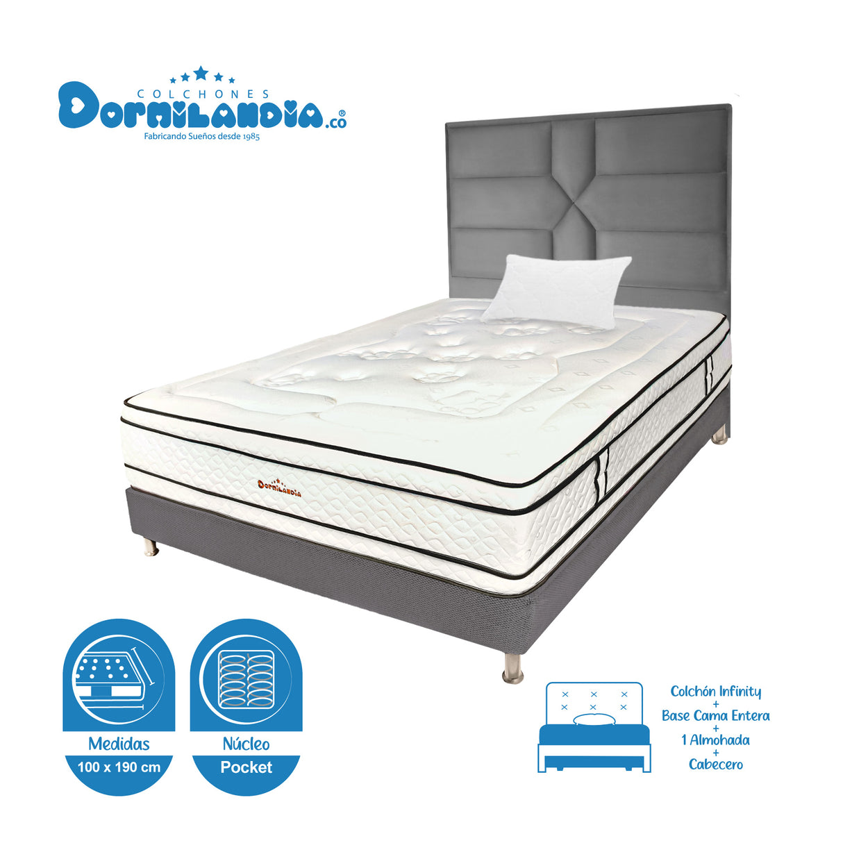 Combo Colchón Infinity Blanco y Gris Sencillo 100 X 190 Cm Firmeza Medio Firme Doble Faz Con Cabecero y Base Cama - COLCHONES | Bylmo