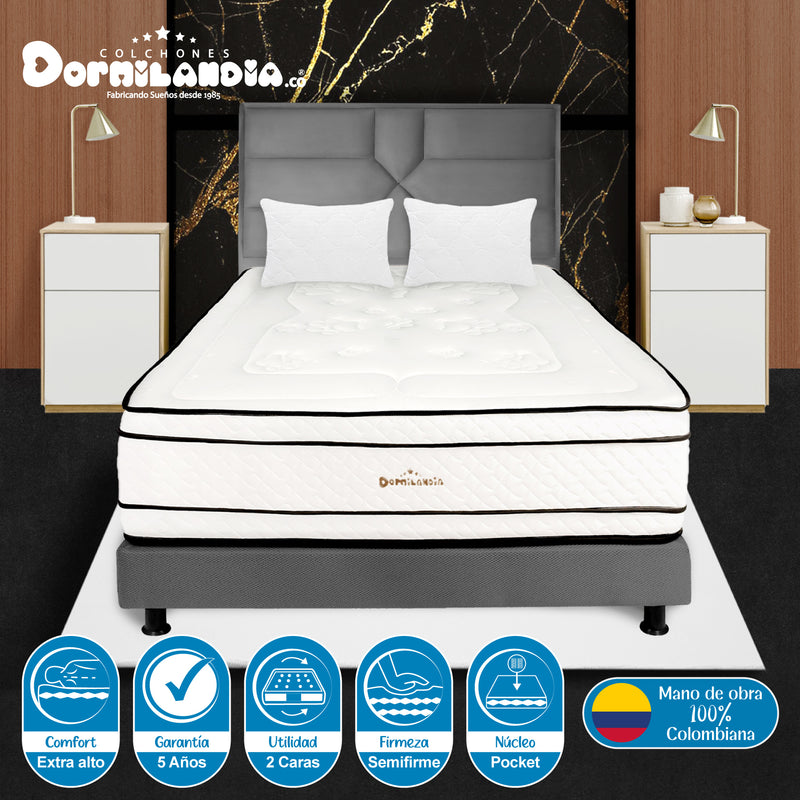 Combo Colchón Infinity Blanco Y Gris Doble 140 X 190 Cm Firmeza Medio Firme Doble Faz Con Cabecero Y Base Cama