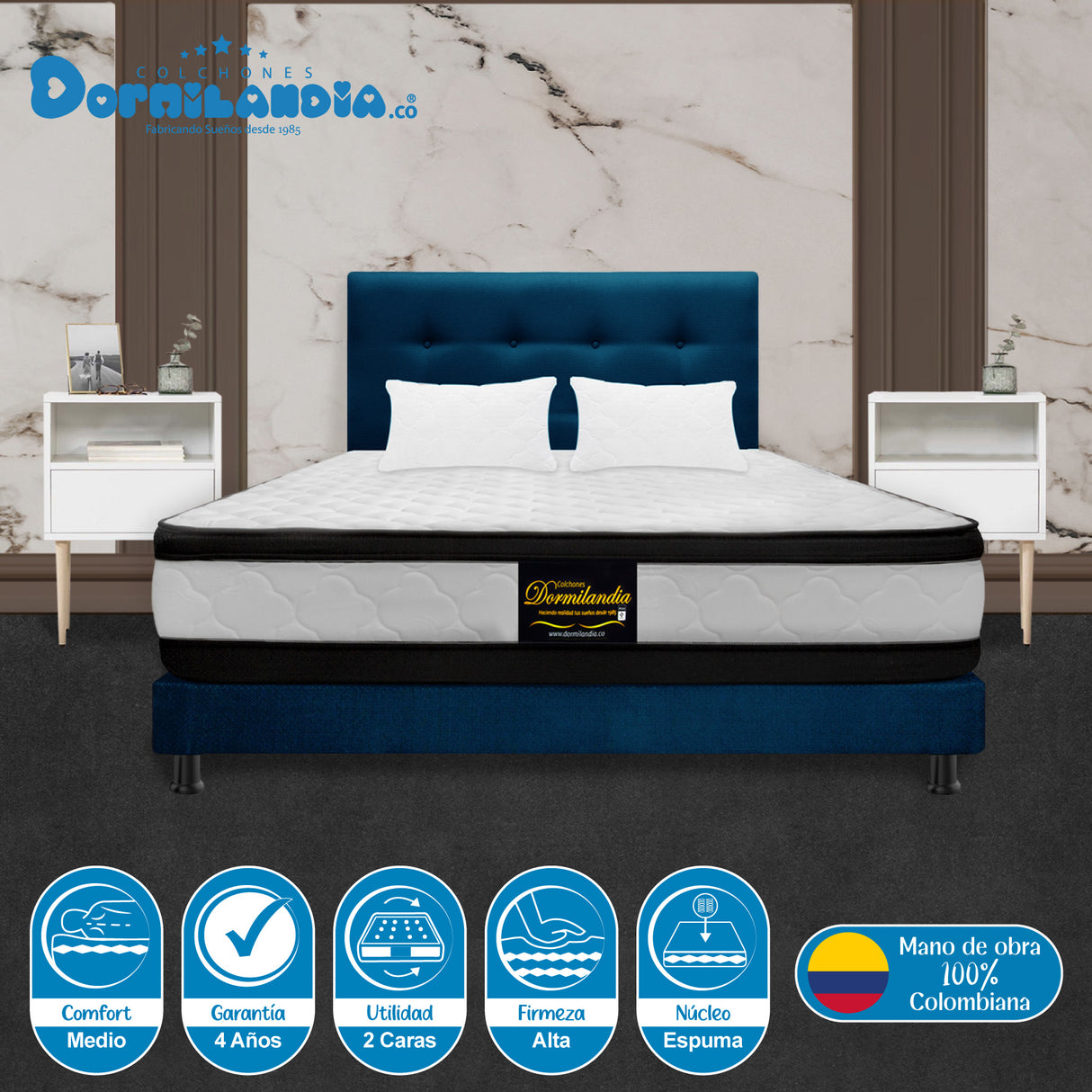 Combo Colchón Malta Blanco y Azul Semidoble 120 X 190 Cm Firmeza Firme Doble Faz Con Cabecero y Base Cama - COLCHONES | Bylmo
