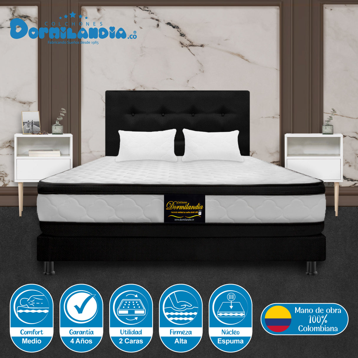 Combo Colchón Malta Blanco y Negro Doble 140 X 190 Cm Firmeza Firme Doble Faz Con Cabecero y Base Cama - COLCHONES | Bylmo