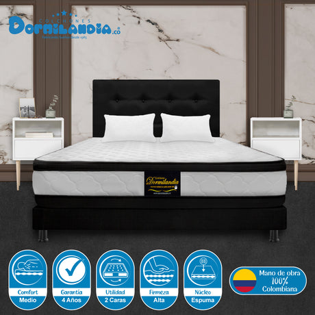 Combo Colchón Malta Blanco y Negro Queen 160 X 190 Cm Firmeza Firme Doble Faz Con Cabecero y Base Cama - COLCHONES | Bylmo