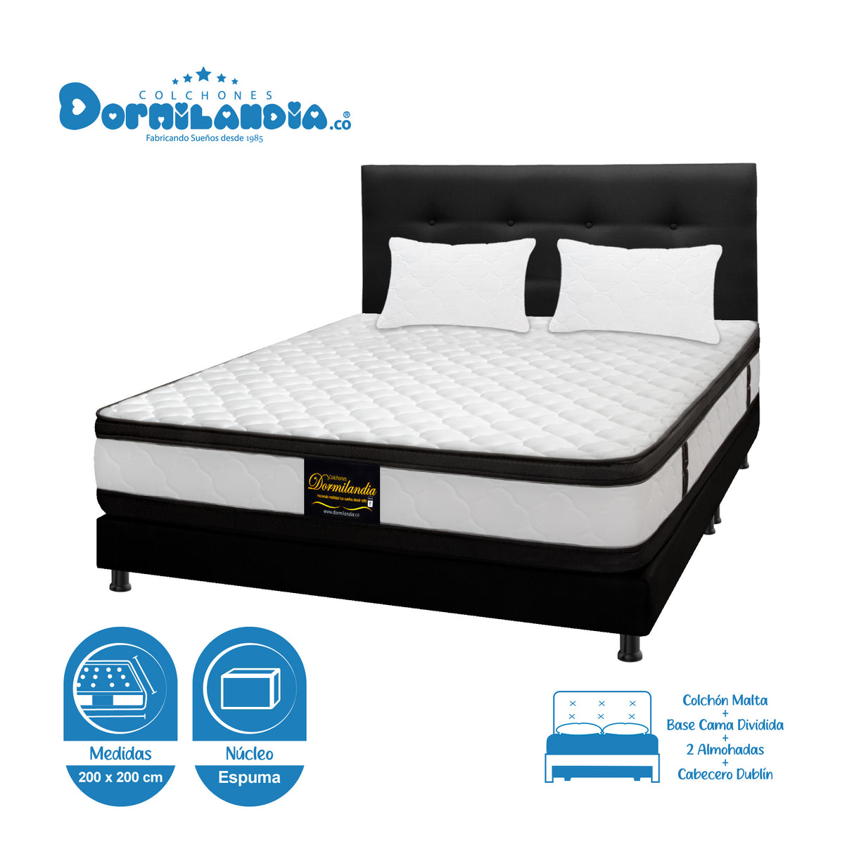 Combo Colchón Malta Blanco y Negro King 200 X 200 Cm Firmeza Firme Doble Faz Con Cabecero y Base Cama - COLCHONES | Bylmo