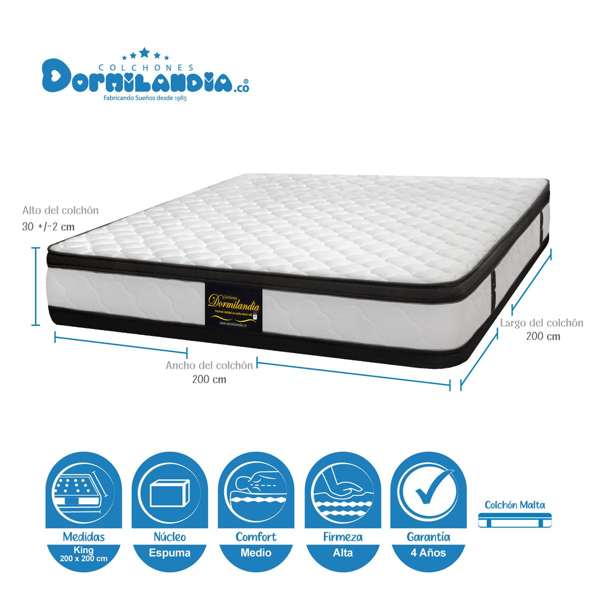 Combo Colchón Malta Blanco y Negro King 200 X 200 Cm Firmeza Firme Doble Faz Con Cabecero y Base Cama - COLCHONES | Bylmo