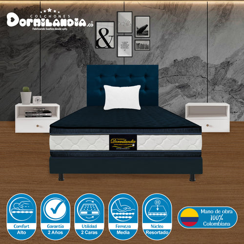 Combo Colchón Marshall Azul Sencillo 100 X 190 Cm Firmeza Medio Doble Faz Con Cabecero Y Base Cama