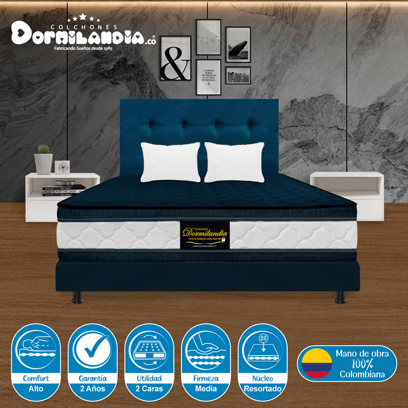 Combo Colchón Marshall Azul Queen 160 X 190 Cm Firmeza Medio Doble Faz Con Cabecero Y Base Cama