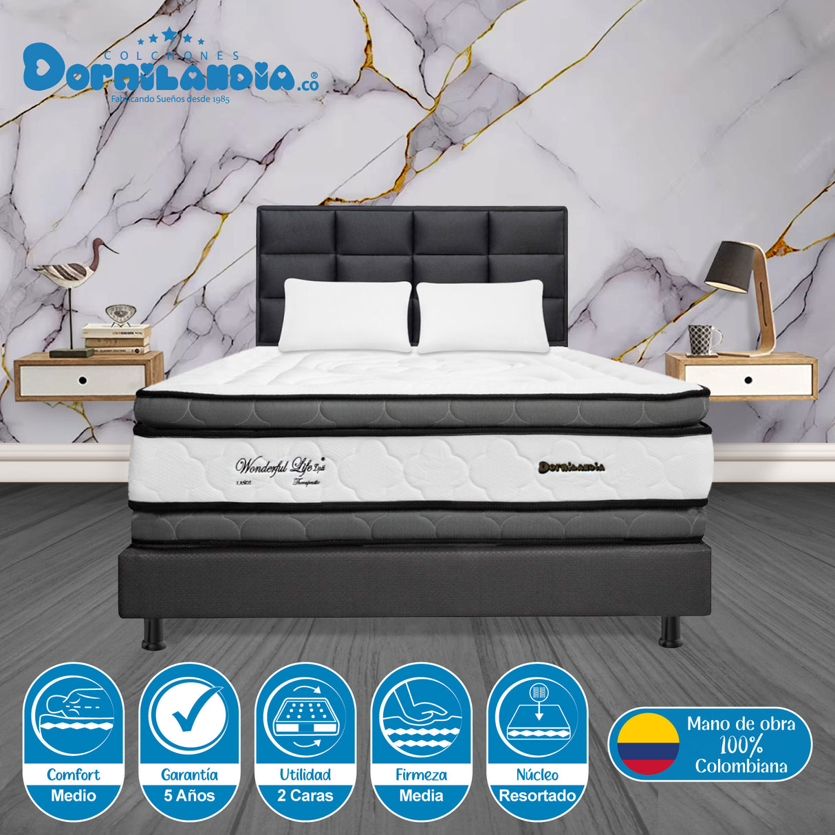 Combo Colchón Wonderful Blanco y Gris King 200 X 200 Cm Firmeza Medio Doble Faz Con Cabecero y Base Cama - COLCHONES | Bylmo