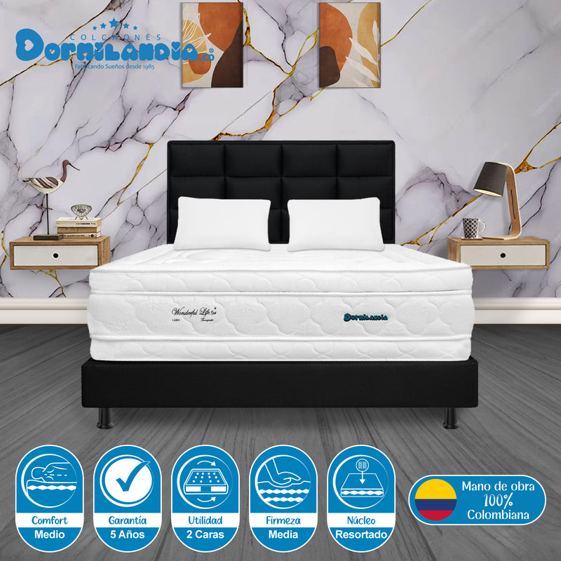 Combo Colchón Wonderful Blanco Y Negro King 200 X 200 Cm Firmeza Medio Doble Faz Con Cabecero Y Base Cama