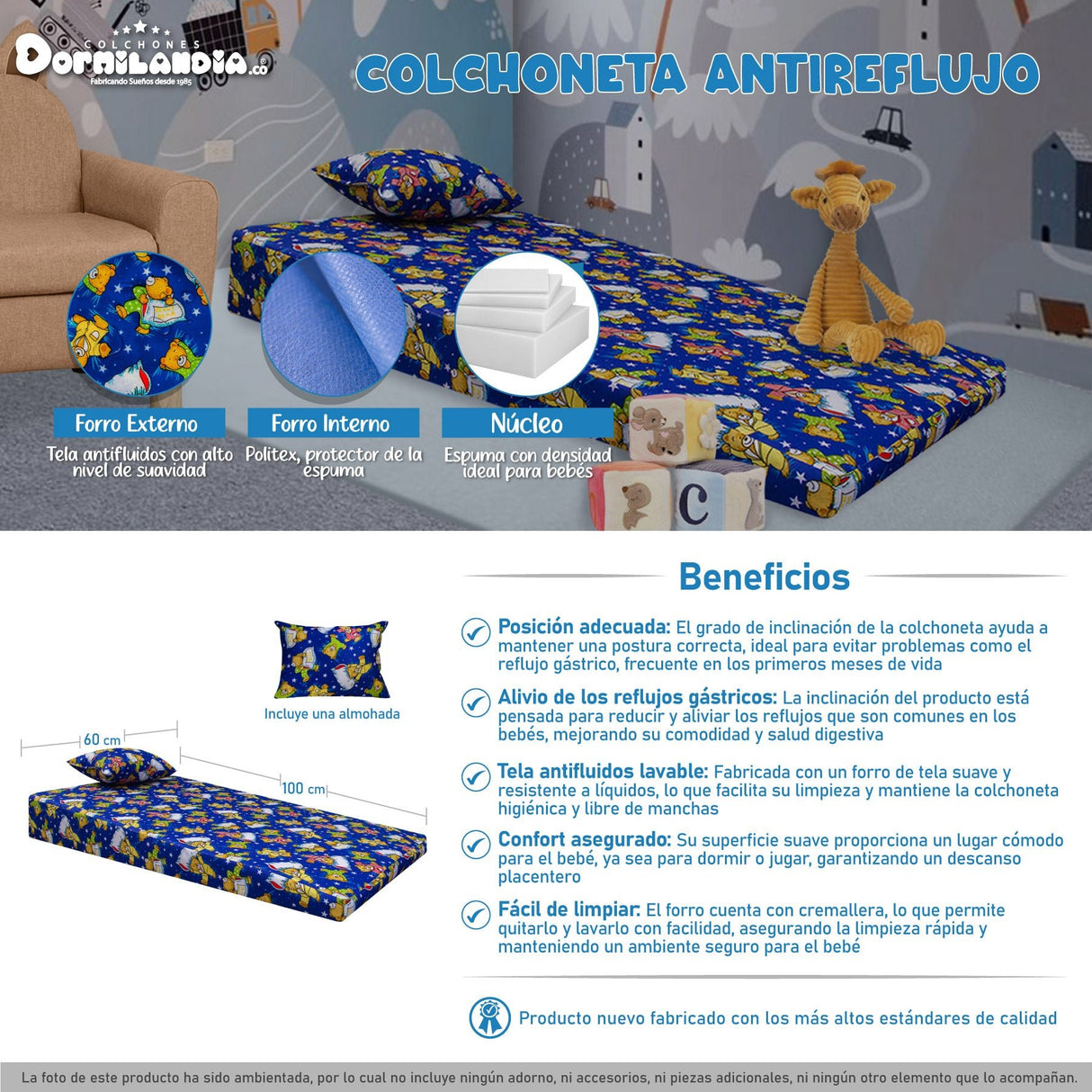 Colchoneta Osos Dormilones Azul 60x100cm Antireflujo - COLCHONES | Bylmo