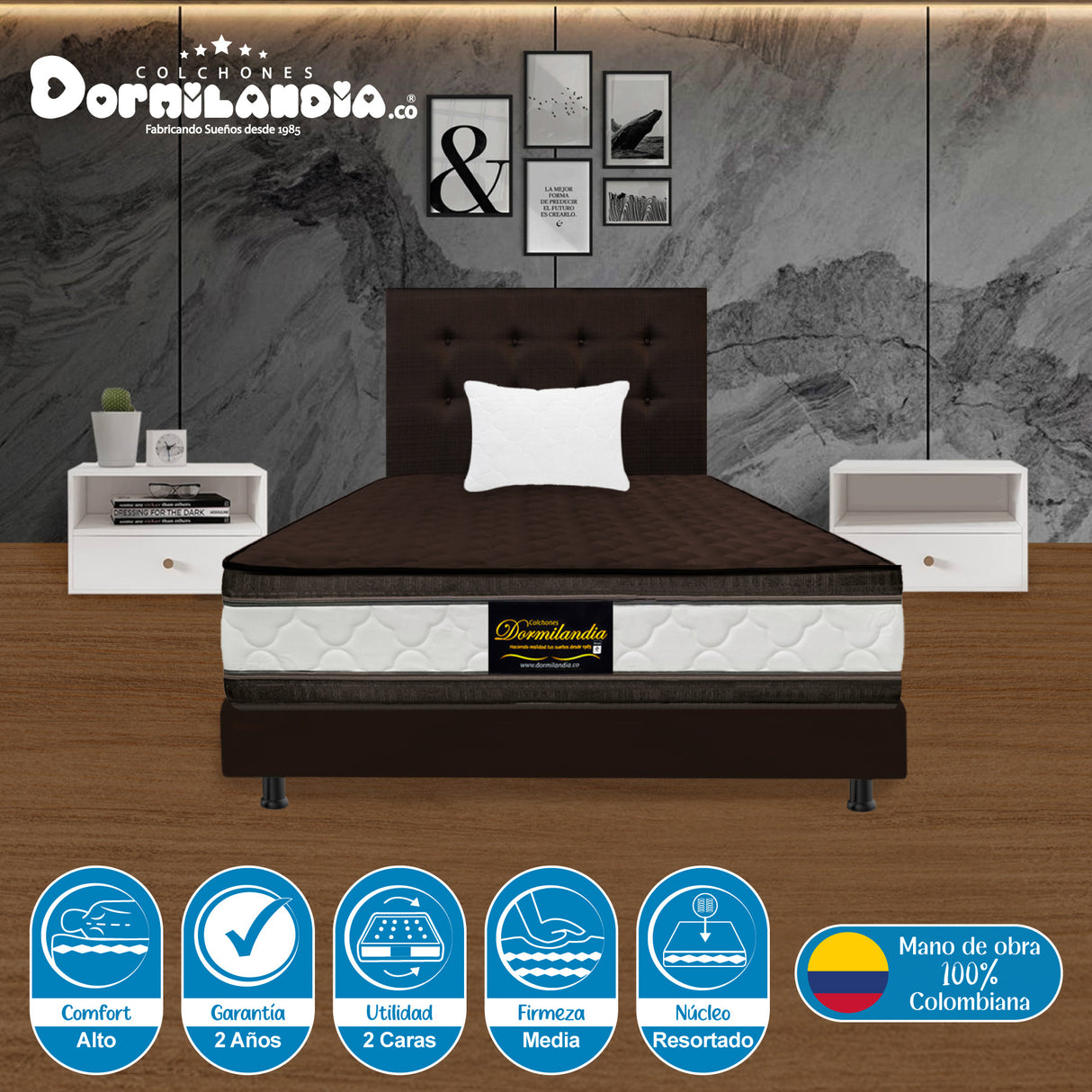 Combo Colchón Marshall Cafe Sencillo 100 X 190 Cm Firmeza Medio Doble Faz Con Cabecero y Base Cama - COLCHONES | Bylmo