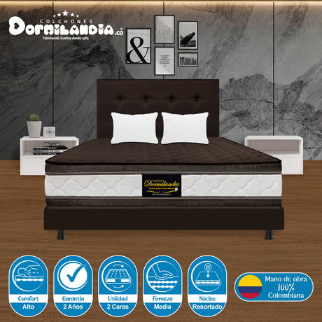 Combo Colchón Marshall Cafe Doble 140 X 190 Cm Firmeza Medio Doble Faz Con Cabecero y Base Cama - COLCHONES | Bylmo
