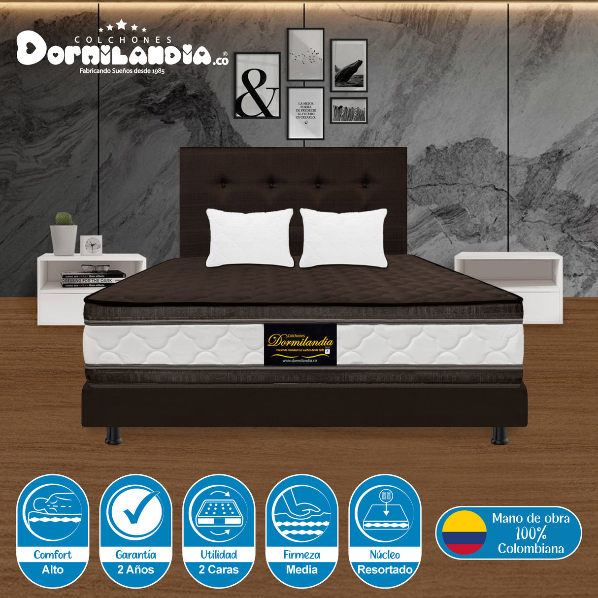 Combo Colchón Marshall Cafe Queen 160 X 190 Cm Firmeza Medio Doble Faz Con Cabecero y Base Cama - COLCHONES | Bylmo