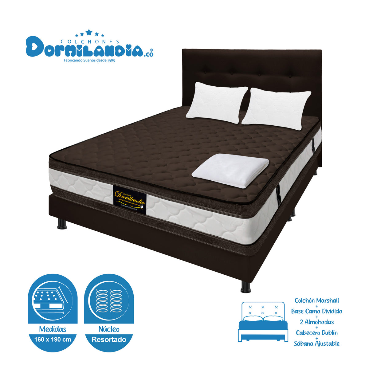 Combo Colchón Marshall Cafe Queen 160 X 190 Cm Firmeza Medio Doble Faz Con Cabecero y Base Cama - COLCHONES | Bylmo