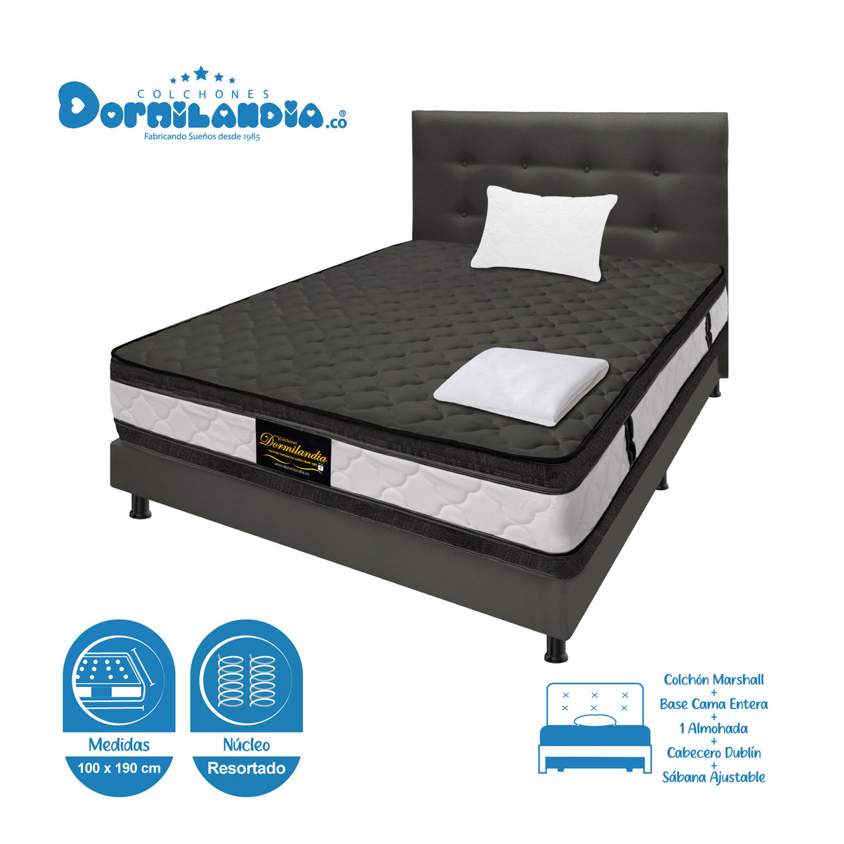 Combo Colchón Marshall Gris Sencillo 100 X 190 Cm Firmeza Medio Doble Faz Con Cabecero y Base Cama - COLCHONES | Bylmo