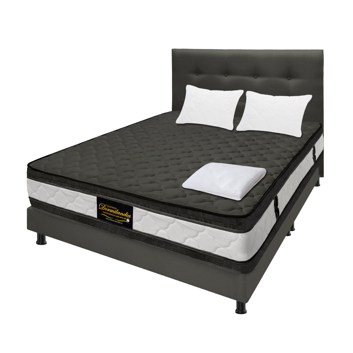 Combo Colchón Marshall Gris Semidoble 120 X 190 Cm Firmeza Medio Doble Faz Con Cabecero y Base Cama - COLCHONES | Bylmo