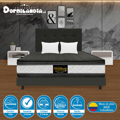 Combo Colchón Marshall Gris Semidoble 120 X 190 Cm Firmeza Medio Doble Faz Con Cabecero Y Base Cama