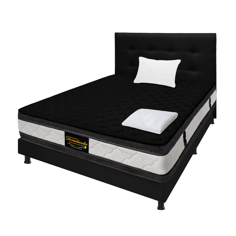 Combo Colchón Marshall Negro Sencillo 100 X 190 Cm Firmeza Medio Doble Faz Con Cabecero Y Base Cama