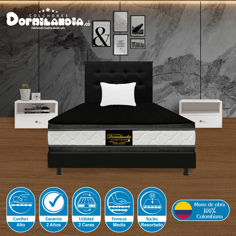 Combo Colchón Marshall Negro Sencillo 100 X 190 Cm Firmeza Medio Doble Faz Con Cabecero Y Base Cama