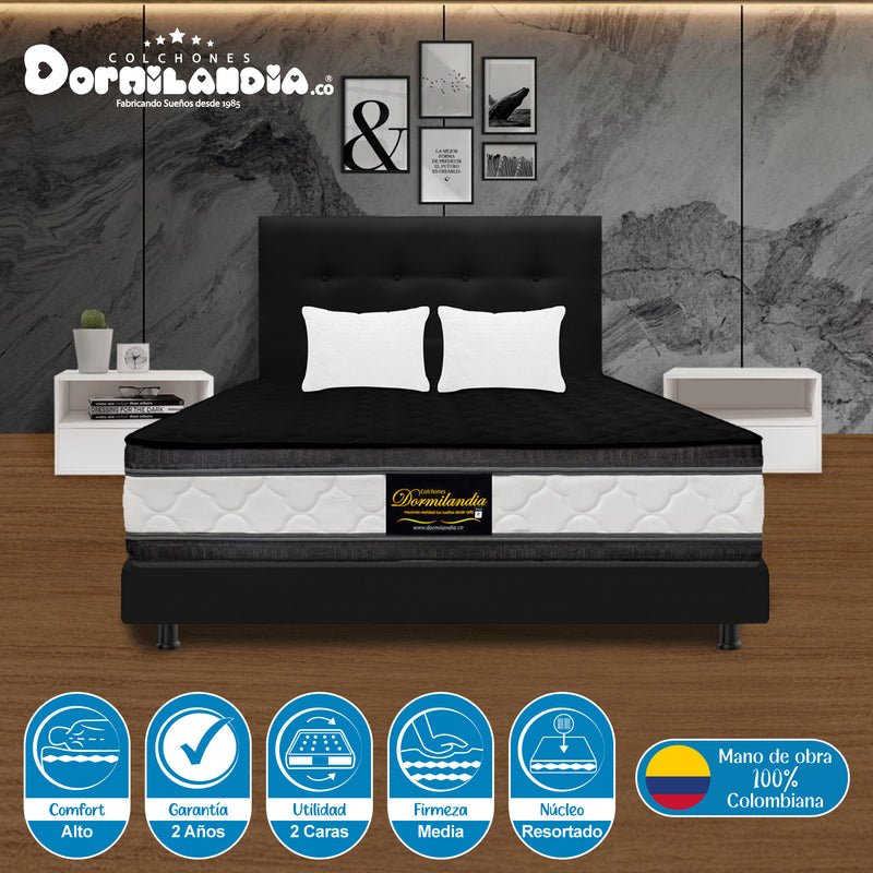 Combo Colchón Marshall Negro Semidoble 120 X 190 Cm Firmeza Medio Doble Faz Con Cabecero Y Base Cama