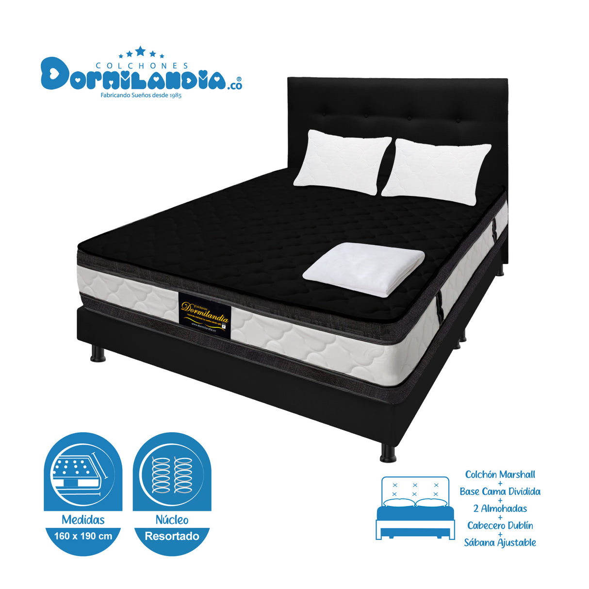Combo Colchón Marshall Negro Queen 160 X 190 Cm Firmeza Medio Doble Faz Con Cabecero y Base Cama - COLCHONES | Bylmo